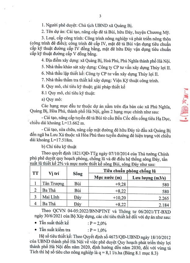 Quyết định Phê duyệt thiết kế xây dựng triển khai sau thiết kế cơ sở Dự án Cải tạo nâng cấp đê Tả Bùi, hữu Đáy huyện Chương Mỹ.- Ảnh 3.