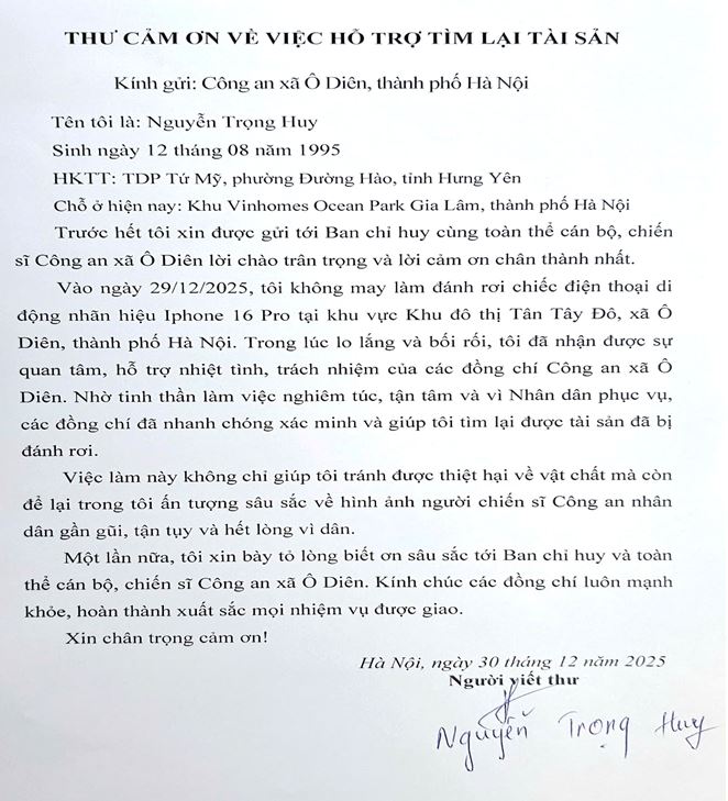 “Tận tụy, trách nhiệm vì nhân dân phục vụ”Công an xã Ô Diên nhanh chóng giúp người dân tìm lại tài sản giá trị- Ảnh 1.