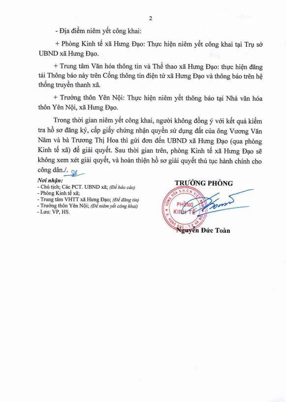 THÔNG BÁO
Về việc niêm yết danh sách công khai kết quả kiểm tra hồ sơ đăng ký đất đai, cấp giấy chứng nhận quyền sử dụng đất của ông Vương Văn Năm và bà Trương Thị Hoa tại thôn Yên Nội, xã Hưng Đạo, Thành phố Hà Nội- Ảnh 2.