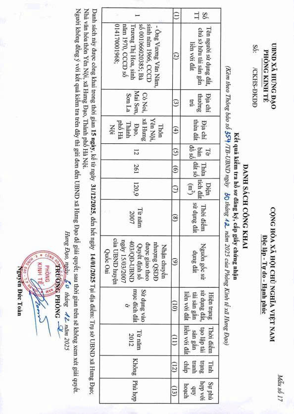 THÔNG BÁO
Về việc niêm yết danh sách công khai kết quả kiểm tra hồ sơ đăng ký đất đai, cấp giấy chứng nhận quyền sử dụng đất của ông Vương Văn Năm và bà Trương Thị Hoa tại thôn Yên Nội, xã Hưng Đạo, Thành phố Hà Nội- Ảnh 3.