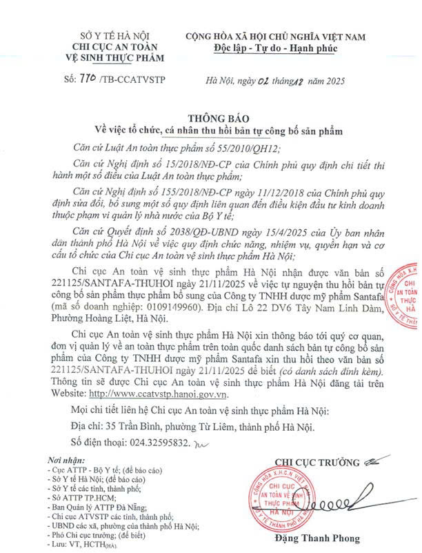 THÔNG BÁO
Về việc tổ chức, cá nhân thu hồi bản tự công bố sản phẩm- Ảnh 1.