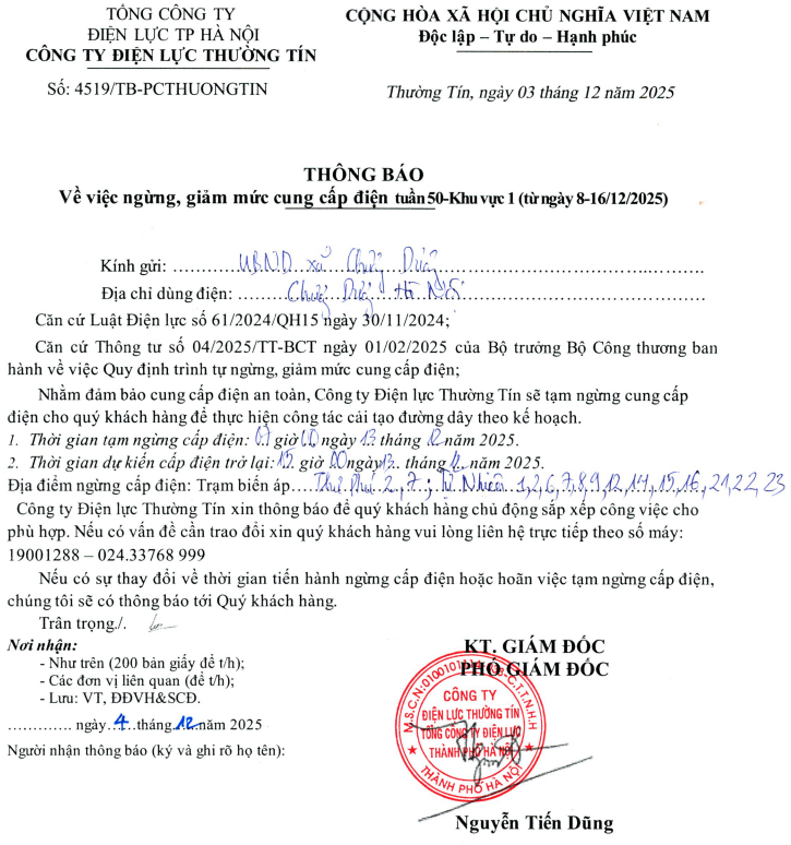 Thông báo việc ngừng, giảm mức cung cấp điện tuần 50-khu vực 1 (ngày 13/12/025)- Ảnh 1.