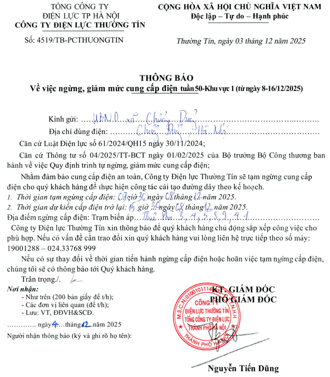 Thông báo việc ngừng, giảm mức cung cấp điện tuần 50-khu vực 1 (ngày 08/12/025)- Ảnh 1.