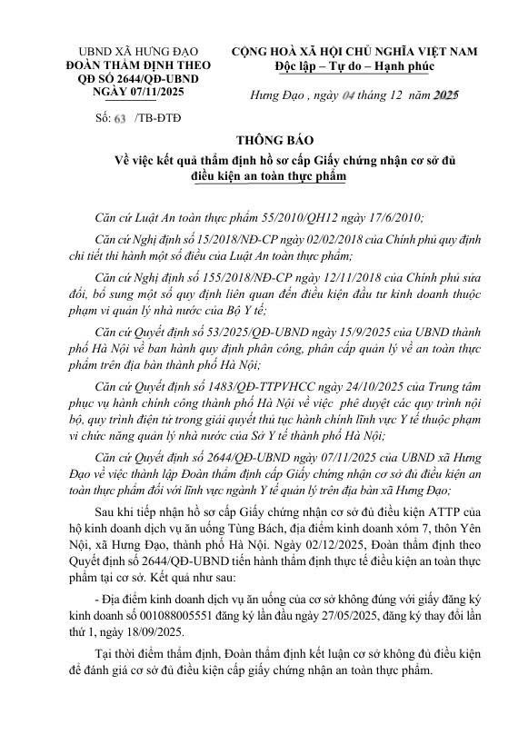 THÔNG BÁO
Về việc kết quả thẩm định hồ sơ cấp Giấy chứng nhận cơ sở đủ điều kiện an toàn thực phẩm- Ảnh 1.