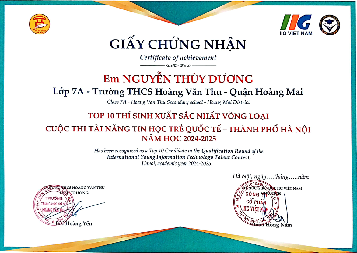 Trường THCS Hoàng Văn Thụ tích Vinh dự đạt top 10 cuộc thi “Tài năng Tin học trẻ quốc tế - Thành phố Hà Nội” vòng loại- Ảnh 2.