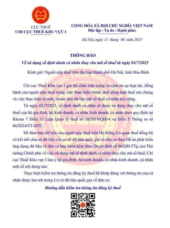 Thông báo về việc sử dụng số định danh cá nhân thay cho mã số thuế từ ngày 01/7/2025- Ảnh 1.
