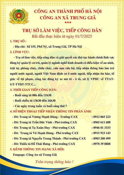 Công an xã Trung Giã thông báo trụ sở làm việc, tiếp công dân (bắt đầu từ ngày 01/7/2025)- Ảnh 1.