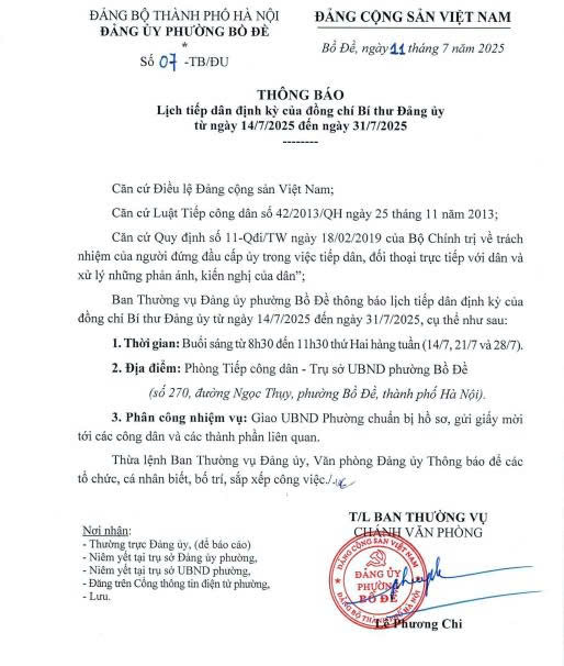 Lịch tiếp công dân định kỳ của Đồng chí Bí thư Đảng uỷ  từ ngày 14/7/2025 đến ngày 31/7/2025- Ảnh 1.