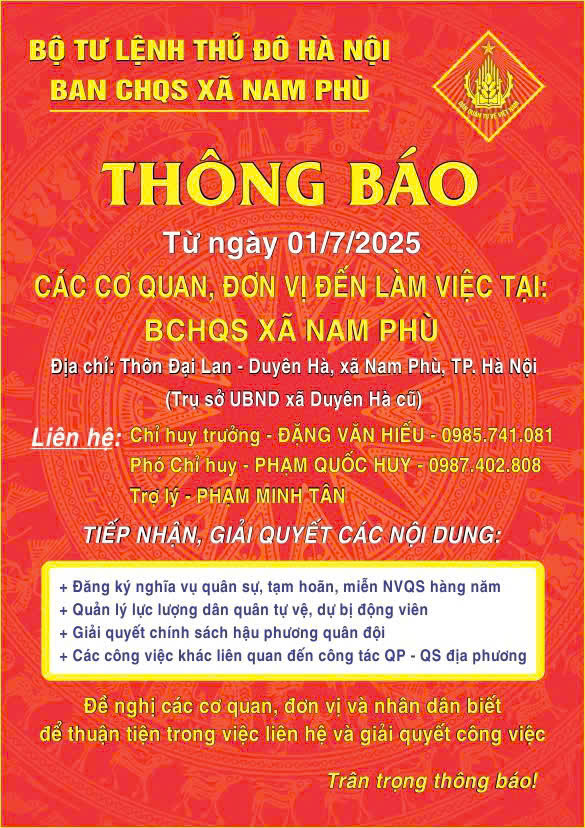 Thông báo trụ sở làm việc Ban Chỉ huy Quân sự xã Nam Phù – TP Hà Nội- Ảnh 1.