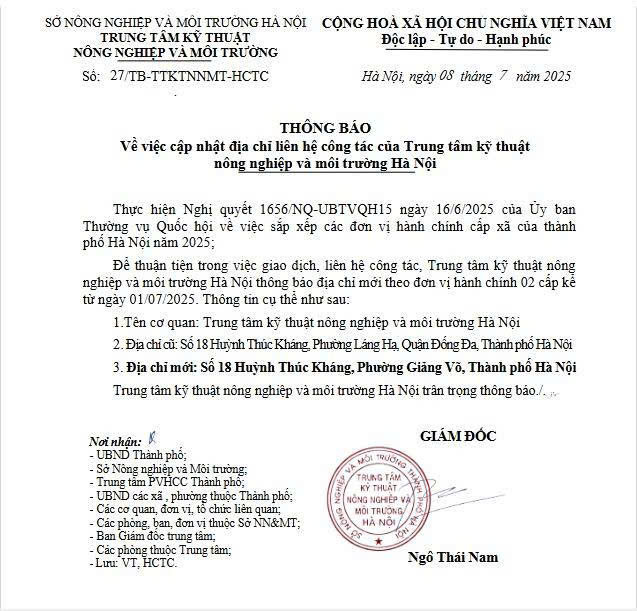 THÔNG BÁO VỀ VIỆC CẬP NHẬT ĐỊA CHỈ LIÊN HỆ CÔNG TÁC CỦA TRUNG TÂM KỸ THUẬT NÔNG NGHIỆP VÀ MÔI TRƯỜNG HÀ NỘI - Ảnh 1.
