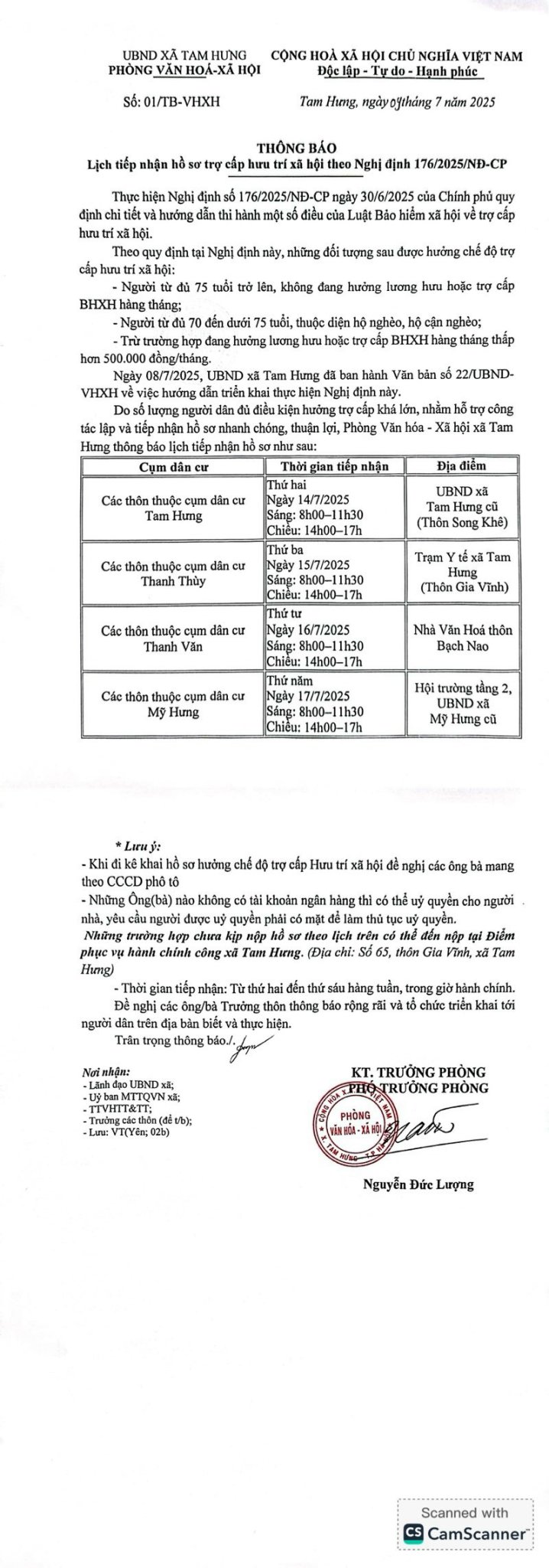 Ngày 9/7/2025 Phòng Văn hóa – Xã hội xã Tam Hưng ban hành Thông báo số 01/TB-VHXH về lịch tiếp nhận hồ sơ trợ cấp hưu trí xã hội theo Nghị định số 176/2025/NĐ-CP.- Ảnh 1.