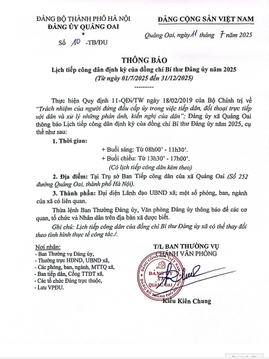 Thông báo lịch tiếp công cân định kỳ của đồng chí Bí thư Đảng Ủy năm 2025- Ảnh 1.