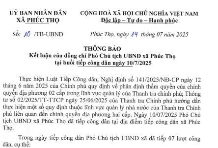Thông báo kết luận của đồng chí Phó chủ tịch UBND xã Phúc Thọ tại buổi tiếp công dân ngày 10/7/2025 - Ảnh 1.