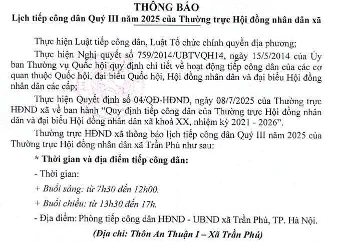 Lịch tiếp công dân Quý III năm 2025 của Thường trực Hội đồng nhân dân xã- Ảnh 1.