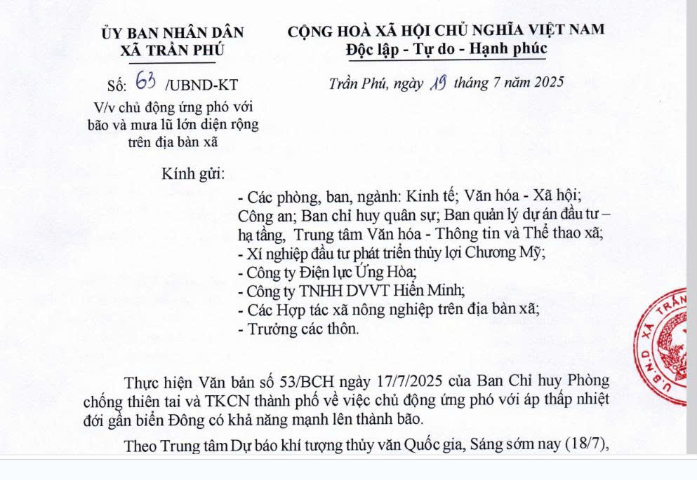 Công văn về việc chủ động ứng phó với bão và mưa lũ lớn diện rộng trân địa bàn xã- Ảnh 1.