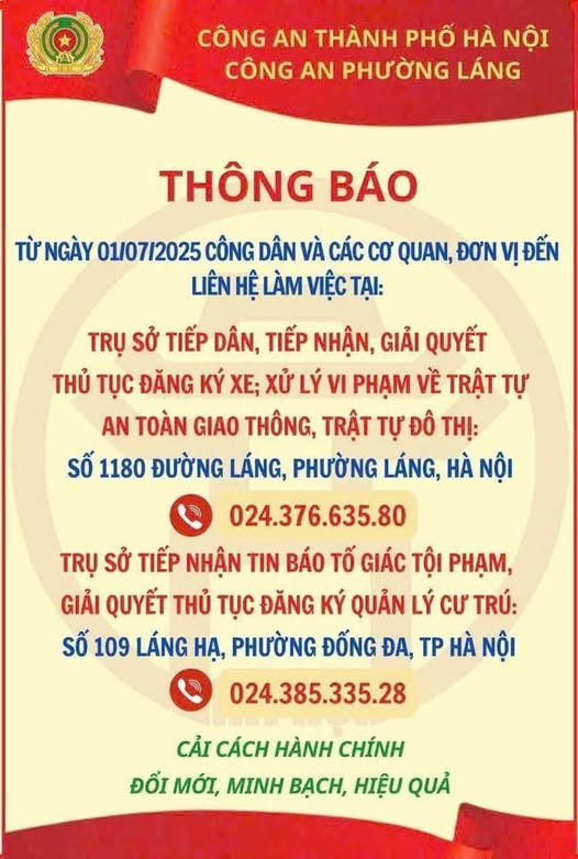 THÔNG BÁO ĐỊA ĐIỂM LÀM VIỆC CỦA CÔNG AN PHƯỜNG LÁNG- Ảnh 1.