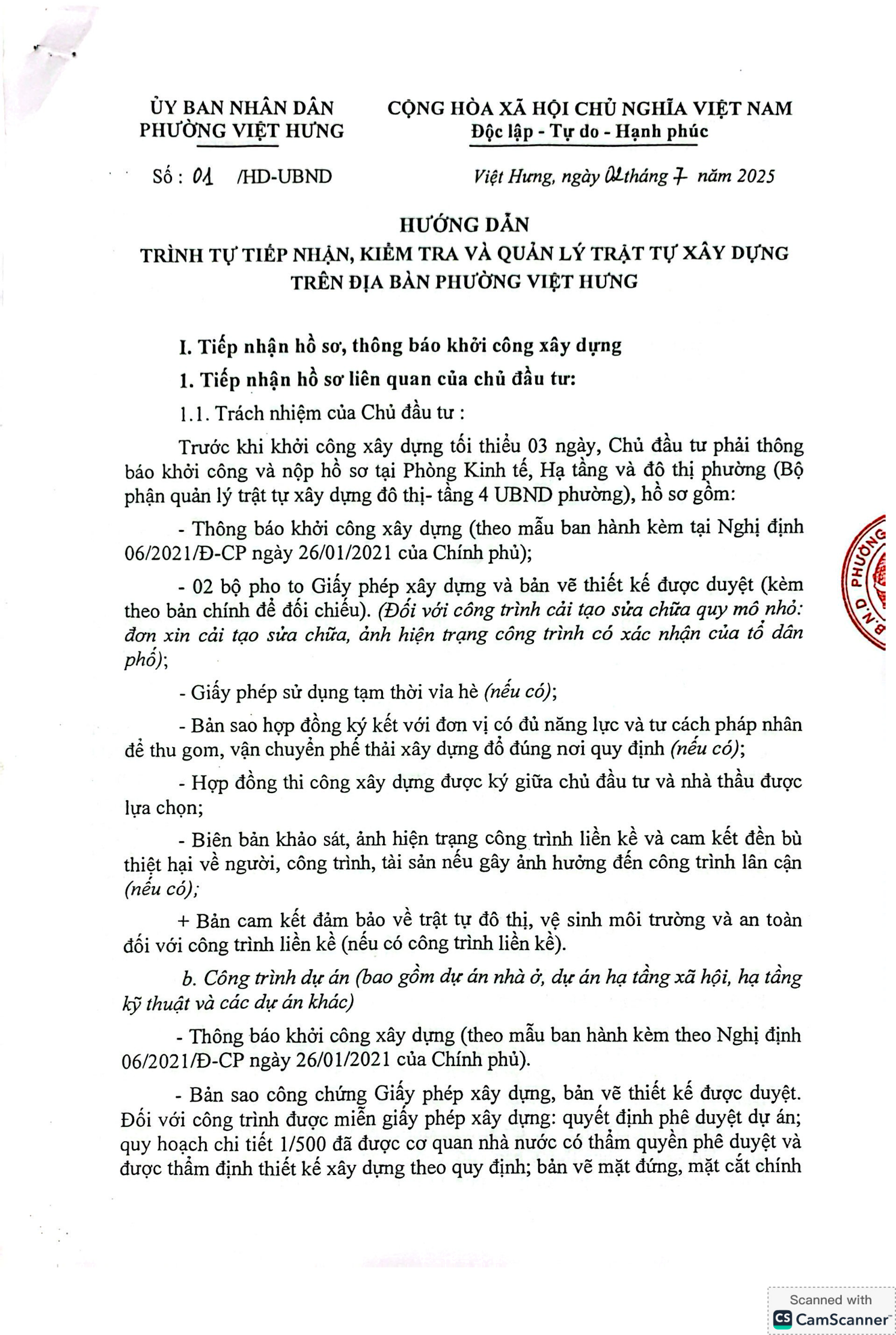 Hướng dẫn trình tự tiếp nhận, kiểm tra và quản lý trật tự xây dựng trên địa bàn phường Việt Hưng.- Ảnh 1.
