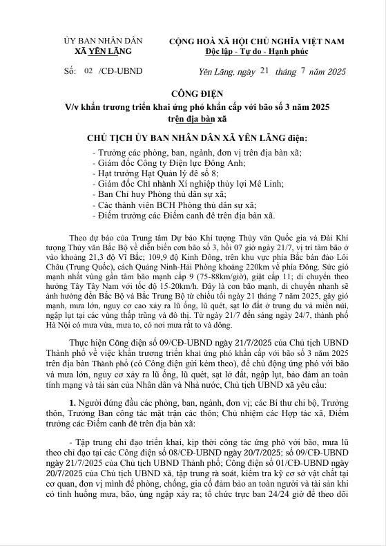 Công điện của Chủ tịch UBND xã Yên Lãng về việc triển khai ứng phó khẩn cấp với bão số 3 năm 2025 trên địa bàn xã.- Ảnh 1.