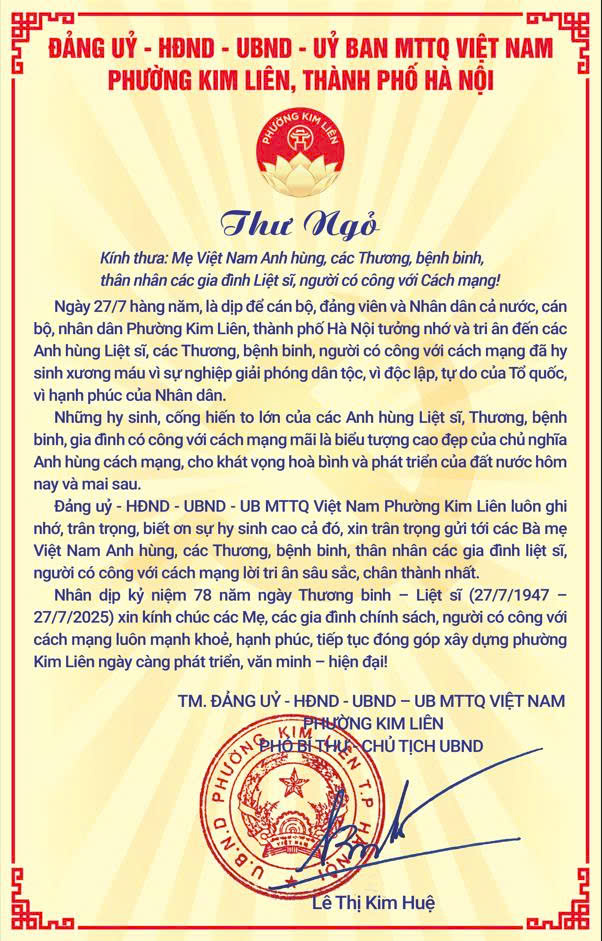 THƯ NGỎ: ĐẢNG ỦY – UBND – HĐND – ỦY BAN MẶT TRẬN TỔ QUỐC VIỆT NAM PHƯỜNG KIM LIÊN- Ảnh 1.