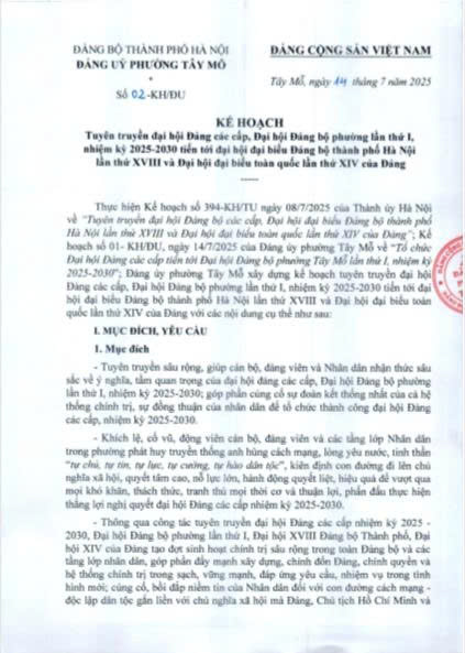 Kế hoạch Tuyên truyền đại hội Đảng các cấp, Đại hội Đảng bộ phường lần thứ I, nhiệm kỳ 2025-2030 tiến tới đại hội đại biểu Đảng bộ thành phố Hà Nội lần thứ XVIII và Đại hội đại biểu toàn quốc lần thứ XIV của Đảng- Ảnh 1.