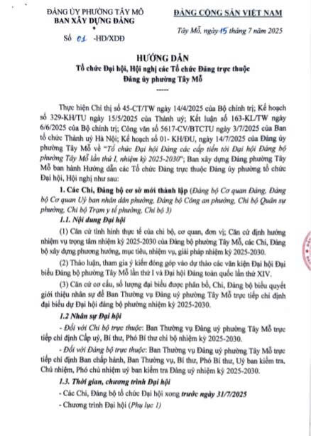 Hướng dẫn Tổ chức Đại hội, Hội nghị các Tổ chức Đảng trực thuộc Đảng ủy phường Tây Mỗ- Ảnh 1.