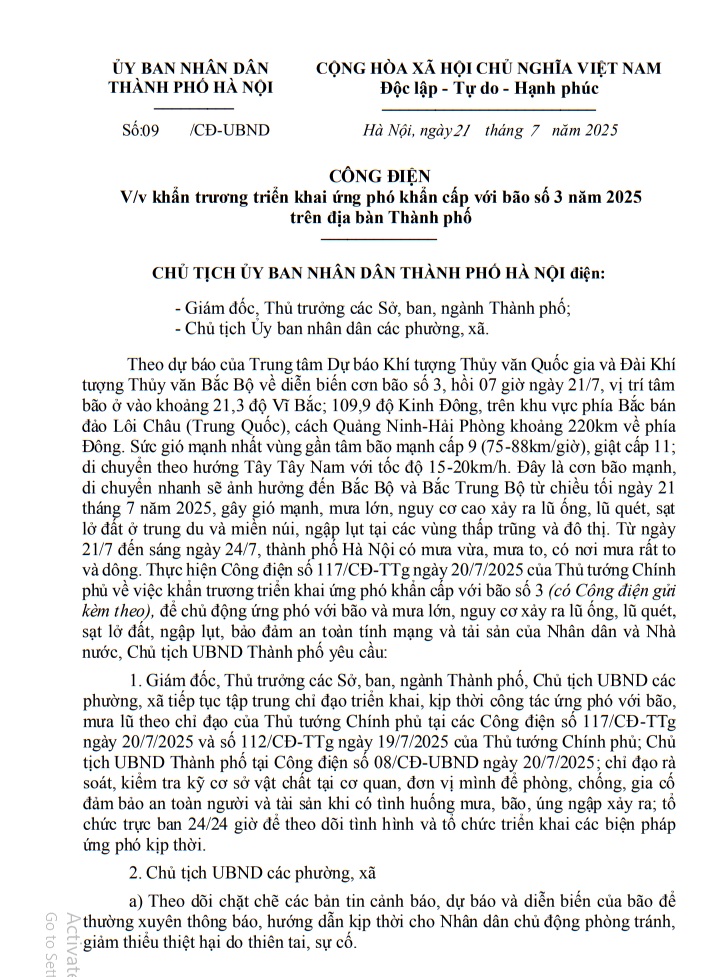 Công điện của Chủ tịch UBND Thành phố Hà Nội yêu cầu khẩn trương triển khai ứng phó khẩn cấp với bão số 3- Ảnh 1.