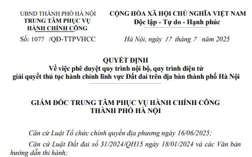 Về việc phê duyệt quy trình nội bộ, quy trình điện tử
giải quyết thủ tục hành chính lĩnh vực Đất đai trên địa bàn thành phố Hà Nội
