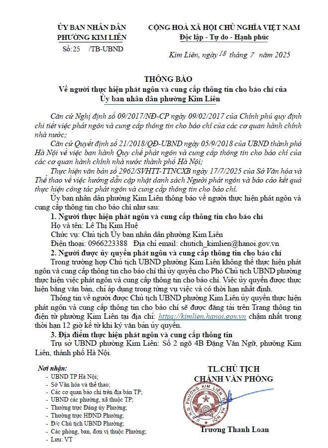 Thông báo về việc người thực hiện phát ngôn và cung cấp thông tin cho báo chí phường Kim Liên- Ảnh 1.