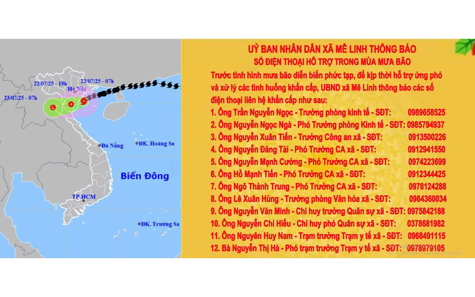 UBND xã Mê Linh thông báo số điện thoại hỗ trợ trong mùa mưa bão