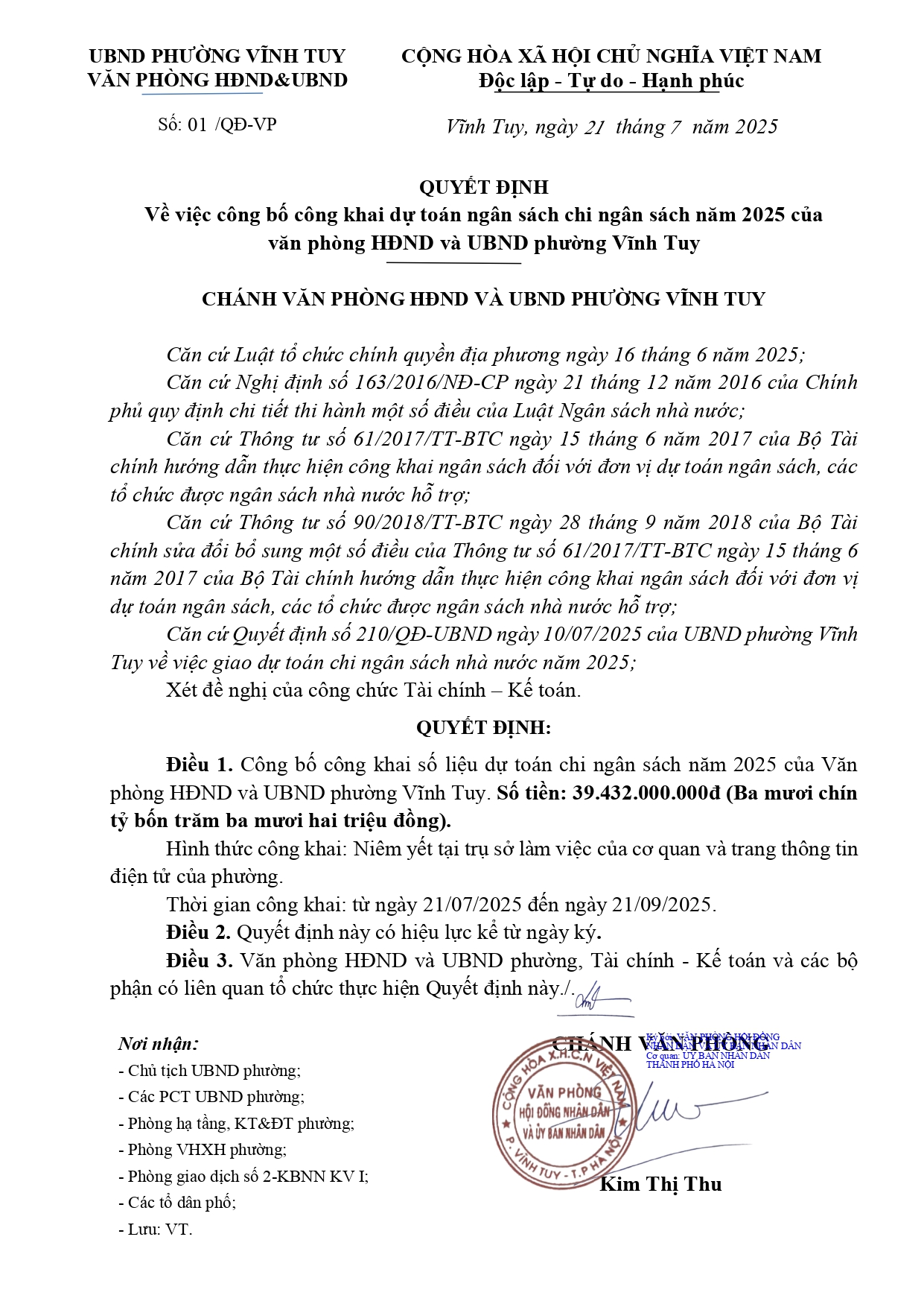 Quyết định Về việc công bố công khai dự toán ngân sách chi ngân sách năm 2025 của Văn phòng HĐND và UBND phường Vĩnh Tuy- Ảnh 1.