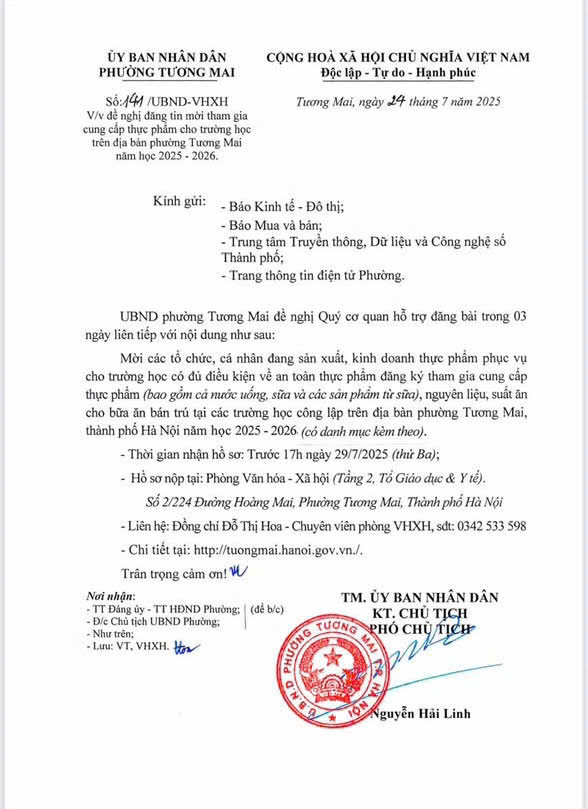 THÔNG BÁO: Đăng ký tham gia cung cấp thực phẩm phục vụ cho Trường học trên địa bàn phường Tương Mai, thành phố Hà Nội- Ảnh 1.