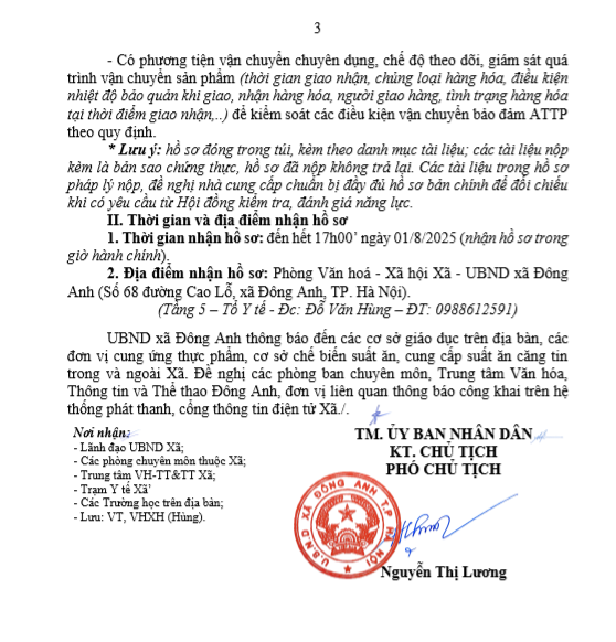 THÔNG BÁO VỀ VIỆC TIẾP NHẬN HỒ SƠ NĂNG LỰC CỦA CÁC ĐƠN VỊ CUNG ỨNG THỰC PHẨM, CƠ SƠ CHẾ BIẾN SUẤT ĂN, CUNG CẤP SUẤT ĂN SẴN CĂNG TIN CHO CƠ SỞ GIÁO DỤC TRÊN ĐỊA BÀN XÃ ĐÔNG ANH NĂM HỌC 2025 - 2026- Ảnh 3.