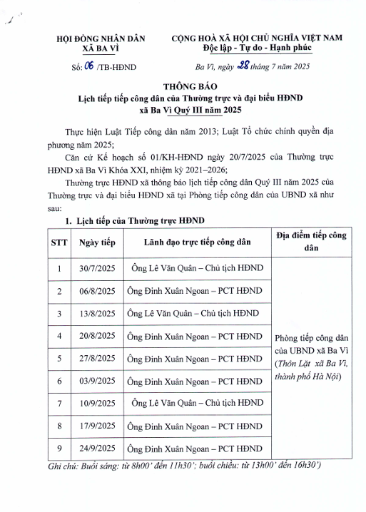 LỊCH TIẾP CÔNG DÂN CỦA THƯỜNG TRỰC VÀ ĐẠI BIỂU HĐND XÃ BA VÌ QUÝ III NĂM 2025- Ảnh 1.
