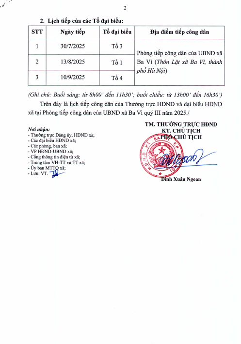 LỊCH TIẾP CÔNG DÂN CỦA THƯỜNG TRỰC VÀ ĐẠI BIỂU HĐND XÃ BA VÌ QUÝ III NĂM 2025- Ảnh 2.
