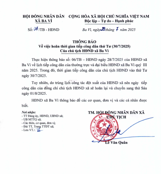 THÔNG BÁO HOÃN THỜI GIAN TIẾP CÔNG DÂN NGÀY 30/07/2025 CỦA CHỦ TỊCH HĐND XÃ BA VÌ- Ảnh 1.