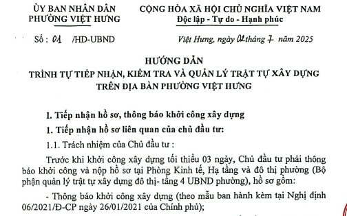 HƯỚNG DẪN: Trình tự tiếp nhận, kiểm tra và quản lý trật tự xây dựng trên địa bàn phường Việt Hưng