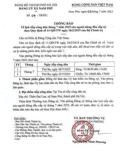 Thông báo về lịch tiếp công dân  của Đảng uỷ xã Nam Phù- Ảnh 1.