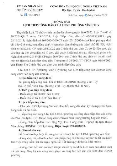 Thông báo lịch tiếp công dân của  UBND phường Vĩnh Tuy- Ảnh 1.