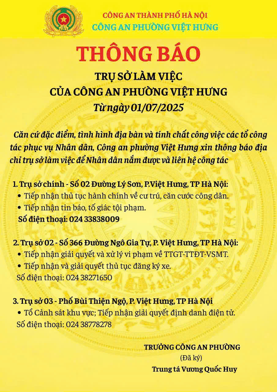Thông báo: Trụ sở làm việc của Công an phường Việt Hưng- Ảnh 1.