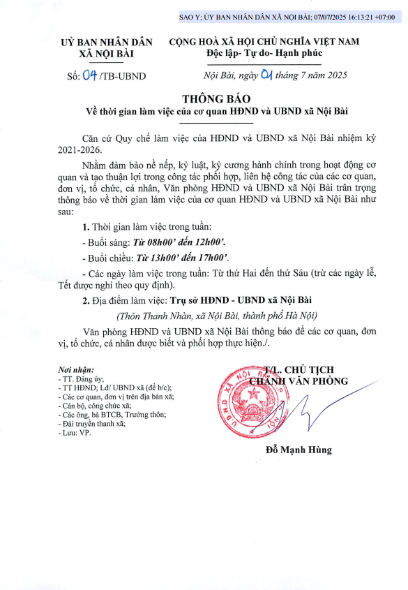 THÔNG BÁO THỜI GIAN LÀM VIỆC CỦA HĐND - UBND XÃ NỘI BÀI- Ảnh 1.