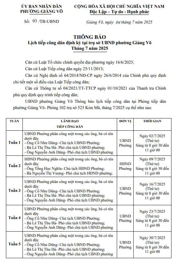Thông báo lịch tiếp công dân định kỳ Tháng 7.2025- Ảnh 1.