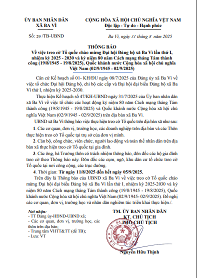THÔNG BÁO VỀ VIỆC TREO CỜ TỔ QUỐC CHÀO MỪNG ĐẠI HỘI ĐẢNG BỘ XÃ BA VÌ, LẦN THỨ NHẤT- Ảnh 1.