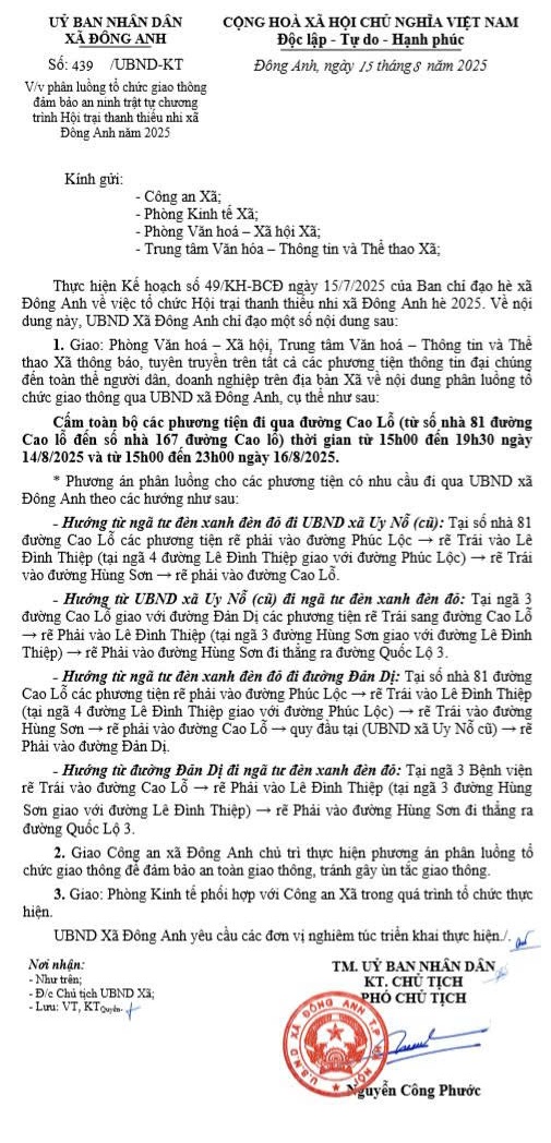 THÔNG BÁO PHÂN LUỒNG GIAO THÔNG ĐẢM BẢO AN NINH TRẬT TỰ CHƯƠNG TRÌNH ĐẠI HỘI THỂ DỤC THỂ THAO VÀ HỘI TRẠI THANH THIẾU NHI XÃ ĐÔNG ANH NĂM 2025- Ảnh 1.