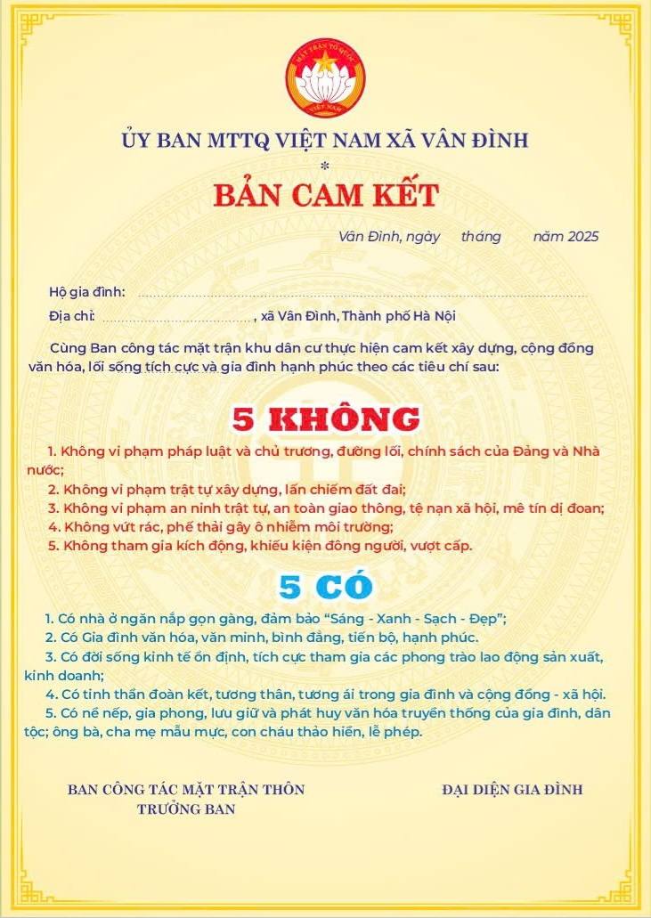 ỦY BAN MTTQ VIỆT NAM XÃ VÂN ĐÌNH TRIỂN KHAI KÝ CAM KẾT 5 KHÔNG, 5 CÓ GIỮA HỘ GIA ĐÌNH VỚI BAN CÔNG TÁC MẶT TRẬN KHU DÂN CƯ- Ảnh 1.