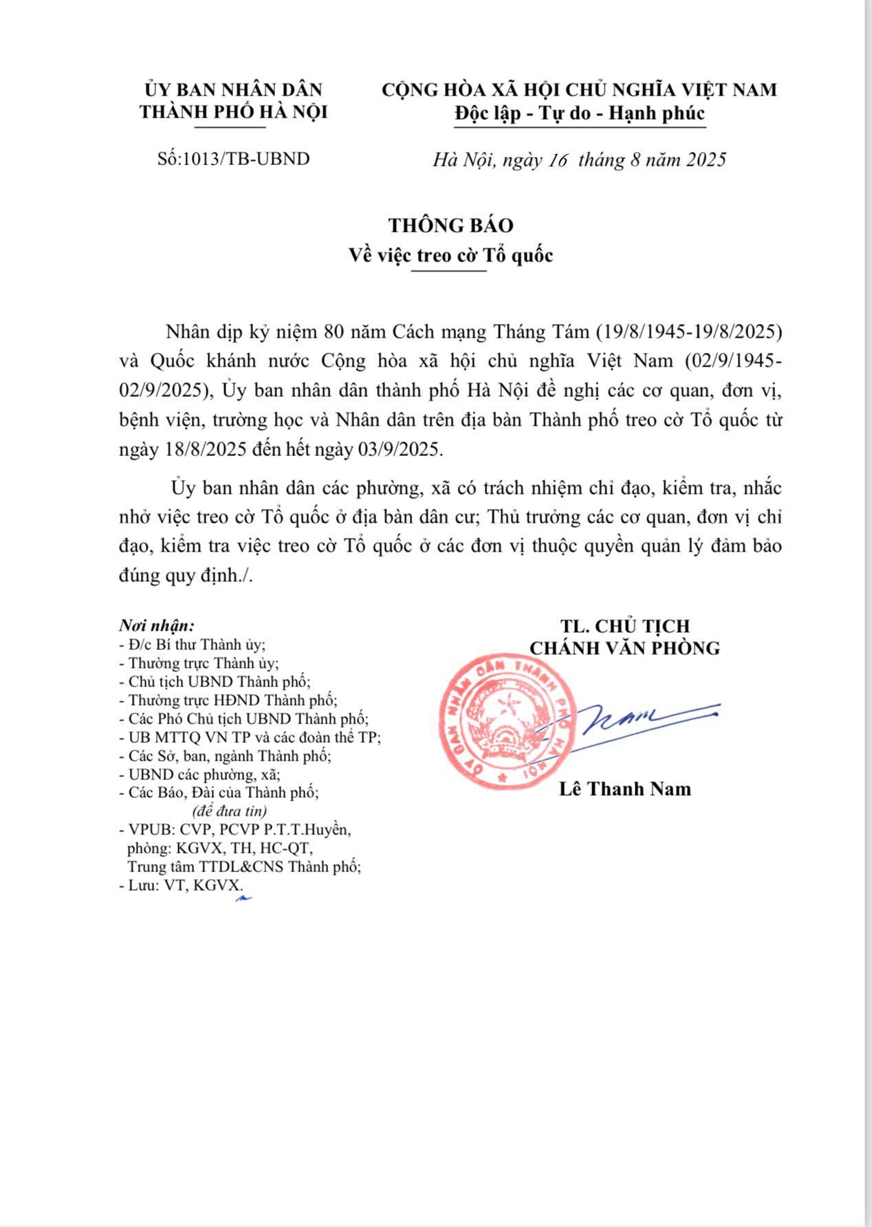 UBND THÀNH PHỐ HÀ NỘI THÔNG BÁO VỀ VIỆC TREO CỜ TỔ QUỐC- Ảnh 1.