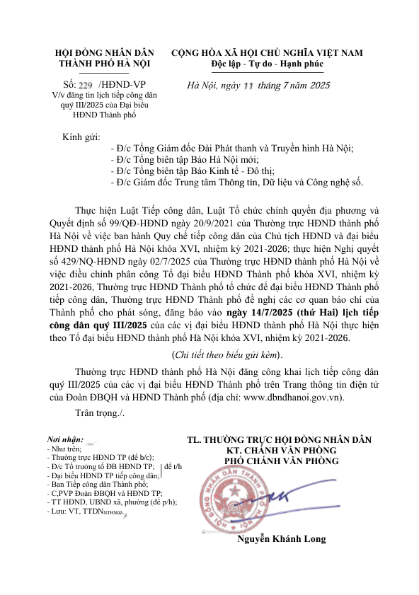Lịch tiếp công dân quý III/2025 của các vị đại biểu HĐND thành phố Hà Nội