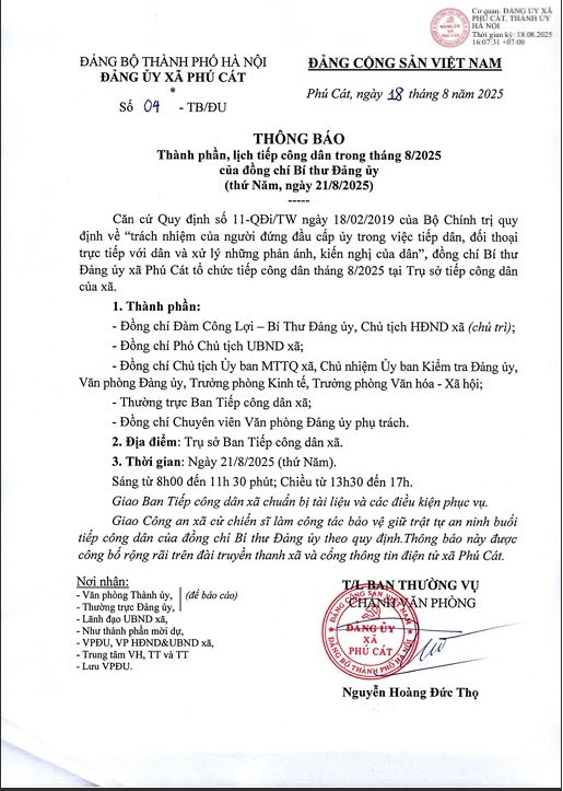 Thông báo thành phần, lịch tiếp công dân trong tháng 8/2025 của đồng chí Bí thư Đảng ủy xã Phú Cát- Ảnh 1.