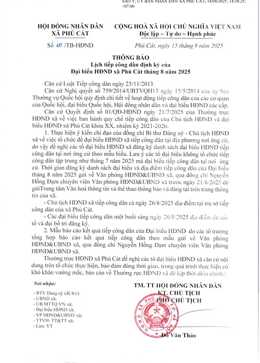 Thông báo lịch tiếp công dân định kỳ tháng 8 năm 2025 của Đại biểu Hội đồng nhân dân xã Phú Cát tháng 8 năm 2025 - Ảnh 1.