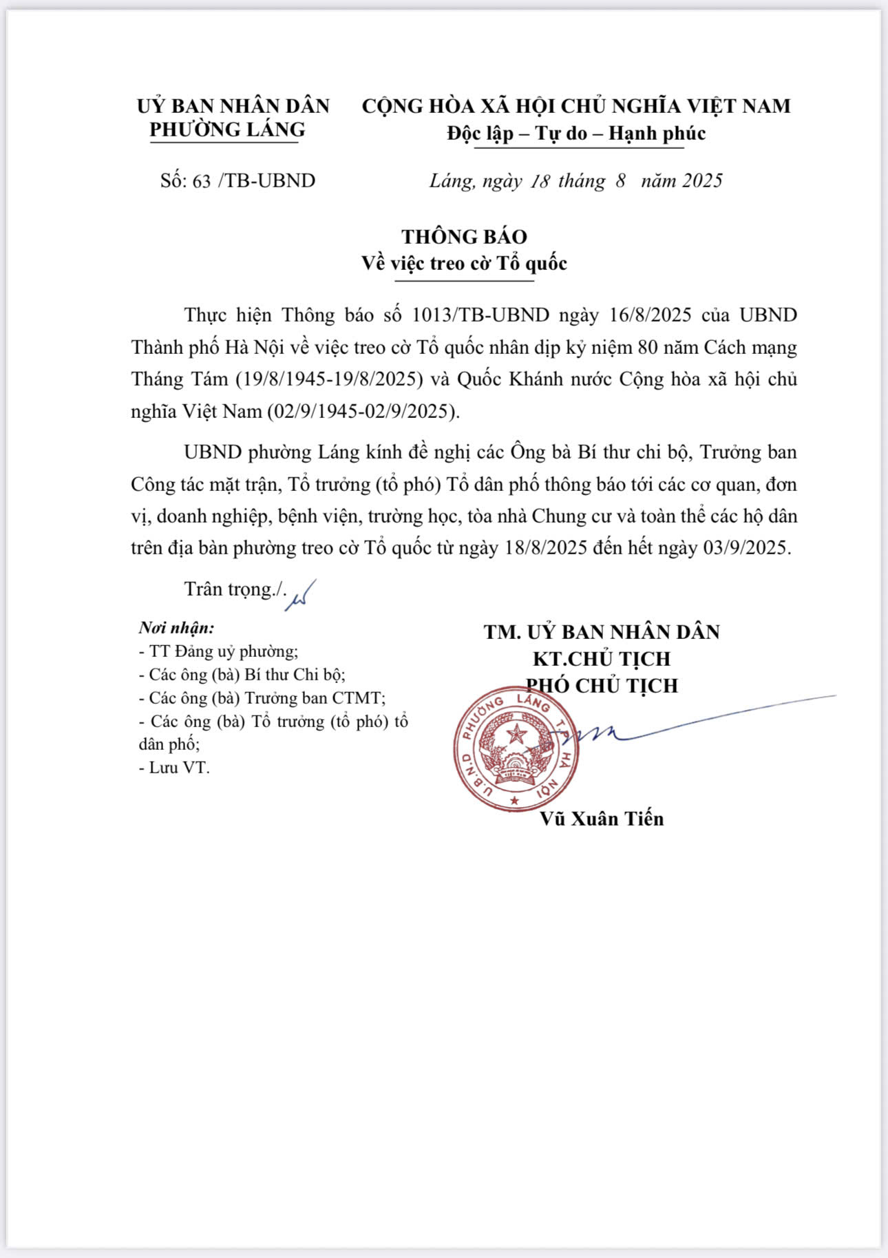 UBND THÀNH PHỐ HÀ NỘI THÔNG BÁO VỀ VIỆC TREO CỜ TỔ QUỐC- Ảnh 2.