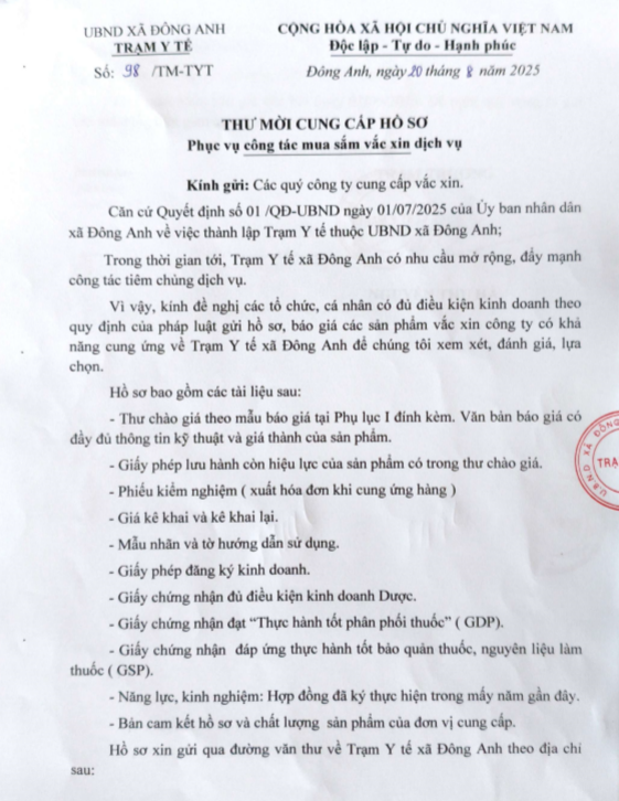 THƯ MỜI CUNG CẤP HỒ SƠ PHỤC VỤ CÔNG TÁC MUA SẮM VẮC XIN DỊCH VỤ- Ảnh 1.
